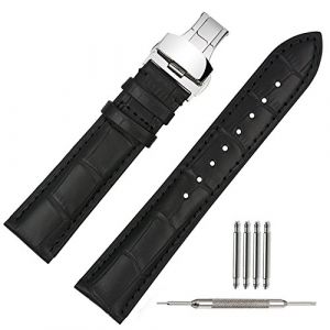 TStrap Montre Bracelet en Cuir 19mm - Noir Bande en Cuir de Veau pour Homme Femme Vintage Retro - Bracelet de Montre Remplacement avec Boucle D&eacute;ployante en Acier Inoxydable - 18mm 20mm 21mm 22mm (EElife-UK, neuf)