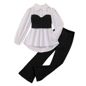 Asbabiy Ensemble t-shirt &agrave; manches longues pour filles, col claudine, tunique d&eacute;contract&eacute;e et pantalon &eacute;vas&eacute; taille haute pour l'automne, noir, 8-9 Ans (YFW US, neuf)