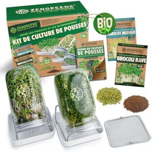 zengreens® Kit de germoir pour graines à germer Bio – Lot de 2 bocaux à pousses – Comprend Bocal à germes, Plateau de Germination et semences – Contient Guide et vidéo-Cours de Culture (SLSK Ventures GmbH (FR), neuf)