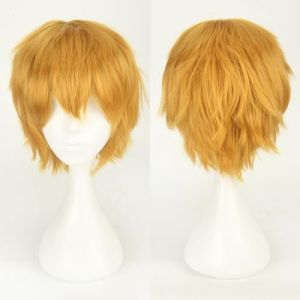 Fouriding Perruque Courte Unisexe Perruque Courte Cosplay Prom Hair Fluffy Layered Heat Resistant Cheveux synthétiques pour Femme Homme Garçon Fille Fête Halloween Costume Cosplay (Jaune) (Fouriding, neuf)