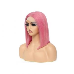 perruques avec une frange soign&eacute;e pour les femmes Perruques courtes en cheveux humains rose clair, coupe au carr&eacute;, 13x4, dentelle transparente, pr&eacute;-&eacute;pil&eacute;es ondul&eacute; fris&eacute;(Hot Pink,14inches) (yichangljxiu, neuf)