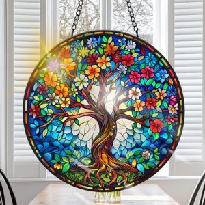 VAIIEYO Arbre Attrape-Soleil Suspendu, Attrape-Soleil pour fen&ecirc;tre Paysage, avec Cha&icirc;ne en M&eacute;tal, D&eacute;corations Jardin Fen&ecirc;tre Murales, F&ecirc;te des M&egrave;res, Pendaison de cr&eacute;maill&egrave;re 20x20cm-Rond (VAIIEYO, neuf)