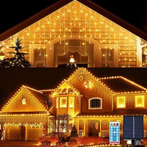 KINGCOO Rideau Lumineux Solaire Extérieur, Étanche 5M 256LED Guirlande Lumineuse Rideau Lumineux Intérieure avec Télécommande 8Modes pour Jardin Noel Fete Mariage Fenêtre Décoration (Blanc chaud) (KINGCOO-Direct, neuf)