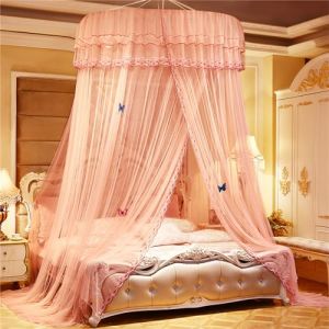 ENEN Bord de Dentelle Ciel de Lit Moustiquaire, Tente de Lit Princesse Moustiquaire de Lit Dome Baldaquin Lit Berceau Auvent de Lit - Ornements Papillon non Inclus (Rose pâle) (EnEn, neuf)