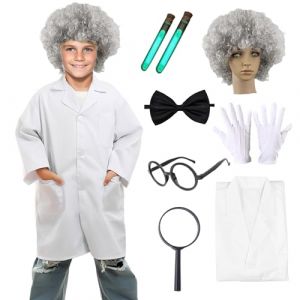 Costume de Scientifique Enfants, Blouse de Laboratoire Gar&ccedil;on Fille D&eacute;guisement de Docteur Blanche de M&eacute;decin Chimie Fou Perruque Lunettes Compte-gouttes Cosplay Carnaval Halloween (XL (6-9 ans)) (HarnyLoom, neuf)