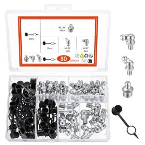 80 Pcs Assortiment de Graisseur a Visser, M6 Raccords de Graisse, Filetés de Graissage Conique, Graisseurs Droit et Angle 45° 90° 180° pour Graisseur Hydraulique, Avec 40 Capuchons pour Graisseurs (MaiMaiDuo, neuf)