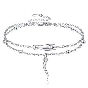 JERWLI Corne italienne et bracelet de cheville en argent sterling 925 plaqué à la main Cornicello et Mano Cornuto - Pendentif porte-bonheur pour femme et fille, 23 + 5 cm, Argent sterling (daofei, neuf)