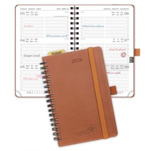POPRUN Agenda de Poche 2026 A6 Semainier 16 x 10,5 cm - Couverture Souple en PU Cuir Spirale, Petit Agenda, D'Jan 2026 à Déc 2026-12 Mois, Règle signet, Papier 100 g/m², Marron (Time Works Wonders, neuf)