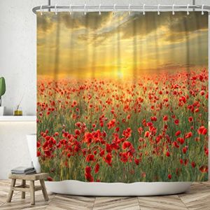 Bovlleetd 183x198cm Fleur Rideau De Douche Automne Coucher De Soleil Romantique Jardin Salle De Bains Rideau 3D Fleur Rouge Impression Rideaux De Douche Imperméable Rideau De Baignoire (Bettershangmaoyouxiangongsi, neuf)