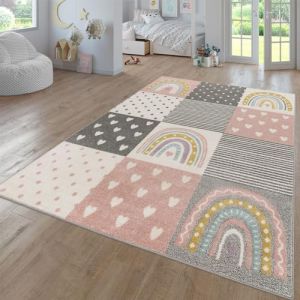 TT Home Tapis Chambre Enfant Bebe Fille Garcon Moderne Arc-en-Ciel Nuage Motif Animal Multicolore, Couleur:Gris Rose Cr&egrave;me, Dimension:80x150 cm (marche-de-tapis, neuf)