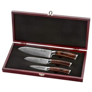 Wakoli Edib Set de 3 couteaux en Damas I Lames en acier damassé à 67 couches avec noyau VG10 et manches en bois de pakka I Couteaux de cuisine professionnels & couteaux damassés dans une boîte en bois (OLEIO GmbH, neuf)