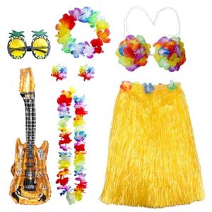 Jupe Hawaienne Femme Homme, Collier de Fleurs Hawaienne Robe Costume Hawaienne Guirlande Deco Lunettes de Soleil Ananas Hawaii Plage Carnaval (1 pièce - Doré - Femme) (HarnyLoom, neuf)