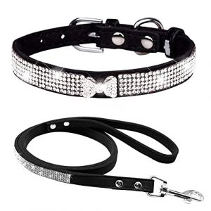 FUNAT Collier de Chien Strass + Laisse, Collier de Chien avec N&oelig;ud en Cristal, Laisses de Collier de Chien Strass, Collier en Strass pour Chien Mignon (FUNAT-EU, neuf)