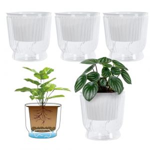 ACESOME 4 pots auto-arrosants avec corde de coton et r&eacute;servoir d'eau profond, pot de fleurs pour herbes aromatiques avec syst&egrave;me d'irrigation, pot de plantation pour plantes d'int&eacute;rieur (Transparent (reedsea, neuf)