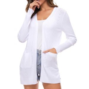Famrrifuu Gilet Long Femme Elegant Coton &agrave; Manches Longues Veste Tricot L&eacute;ger Ouverte Devant &eacute;t&eacute; Cardigan,Blanc,L (TengGD, neuf)