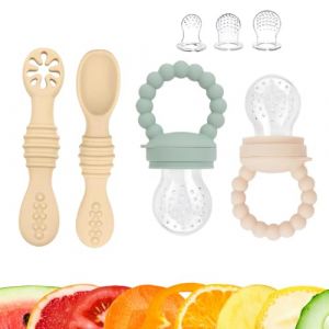 Cuillere bebe 1er age et 2eme age et grignoteuse bebe avec anneau de dentition integre | coffret cuiller apprentissage et tetine a fruits | Diversification alimentaire en toute securite de 4 a 24 mois (Stonny, neuf)