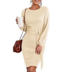 Hotouch Robe Pull Femme El&eacute;gant Robe Tricot&eacute; Manche Longue Robe Automne Hiver Casual Tunique Jupe Robe Moulante Slim avec Ceinture Chic Beige XL (Hotouch Store, neuf)