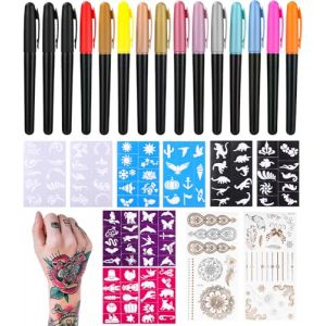 Tatouage Temporaire Kit Tatouage Stylo Tatouage avec 15 Stylos Tatouage 10 Pochoir Tatouage ​et 2 Autocollants,kit tatouage,Cadeaux d'anniversaire pour Garçons Adultes et Filles (FUSECO EMI S.R.L., neuf)