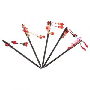 VICASKY 5 Pièces Épingles à Cheveux Chinoises Bois avec Fleur Rouge et Franges Bâtons Vintage pour Chignon Accessoires de Mariage et Costume Asiatique pour Femmes (Micanties, neuf)