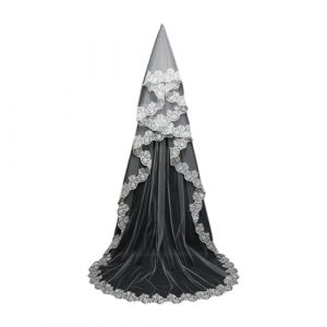 VDCVADKYE Voile de mariée, Voile de mariage cathédrale élégant à une couche avec bord en dentelle rouge et blanc, long voile, accessoires de voile de mariée, doux au toucher(White,150cm) (MTMSM, neuf)