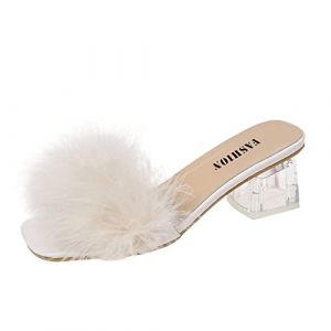 Generisch Mules pour femme avec talon - Sandales compens&eacute;es sexy pour femme - Noir - Chaussures ouvertes - Respirantes - Chaussures d'&eacute;t&eacute; tendance en peluche - Pantoufles tendance, beige, 42 EU (RIJUNBAO, neuf)