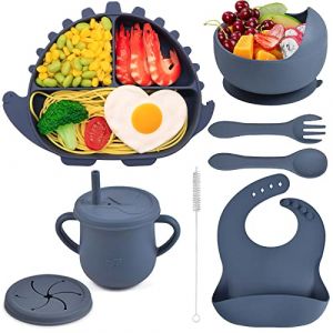 Delven Silicone Assiette pour Bébé Set Vaisselle 8 Pièces Antiderapant Coffret Repas avec Ventouse Bol CuillèRe Fourchette Bavoir Tasse Couvercle sans BPA Set Repas pour Enfant Garçon,Bleu Dinosaure (FILOWA, neuf)