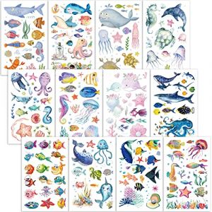 Qpout Tatouages éphémères Animaux de l'océan pour enfants, tatouages de la vie marine pour cadeaux de fête d'enfants, autocollants de tatouage dauphin requin poulpe poisson étoile de mer (Mopyt, neuf)