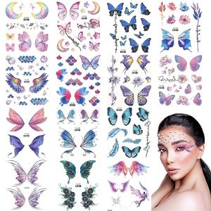 14 Feuilles Tatouages Temporaires Papillon, Paillettes Tatouage de Visage Imperméable Tatouage Temporaire Papillon pour Femmes Filles Festival Fête Maquillage pour Visage Yeux (ChuangYing, neuf)