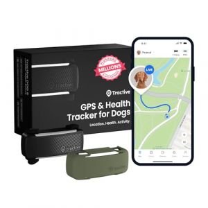 tractive – Collier GPS pour Chien, Bundle avec Coque Olive | Leader du marché | Localisation en Direct | Alertes Anti-Fugue | Moniteur d'activité et d'aboiements | Alertes de santé (Noir) (Tractive, neuf)