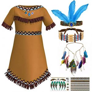 Tacobear Déguisement Indien Enfant Robe Indien avec Bandeau Plume Collier Ras du Cou Indien Tatouages Cosplay Accessoires Déguisement Indienne Fille Costume pour Carnaval Fête de Thème (120, 5-6 Ans) (vamei, neuf)