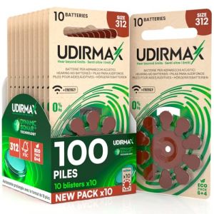 100 Piles Auditives PR41 Taille 312 Marron - Zinc-Air 1,45V Udirmax avec Technologie Dynamic Sonar - Format Eco Pack - 10 Blisters Écologiques de 10 Piles (Eurocali, neuf)