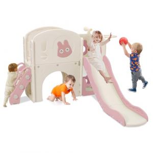 Toboggan pour enfants avec structure d'escalade, toboggan pour enfants 6 en 1 avec t&eacute;lescopique, panier de basket, passerelle, aire de jeux pour enfants, longueur du toboggan 160 cm (Rose) (Fenni store, neuf)