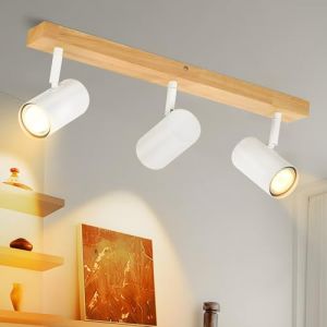 Glitzerlife Spots de plafond Blance - Plafonnier LED Bois 3 Spots GU10 &Eacute;clairage de Plafond R&eacute;tro Orientable 350&deg;pour Cuisine Couloir Salon Chambre &agrave; Coucher (Sans Ampoules) (Gl&uuml;ckstein, neuf)