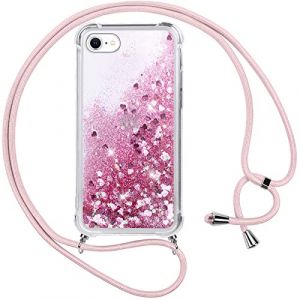 Vauki Coque iPhone SE 2022/iPhone 8 avec Cordon,Paillette Liquide Transparent Crystal Glitter Housse,Protection Antichoc Silicone Souple TPU Bumper Case,R&eacute;glable Collier,Rose (HARMONIQUE WAY, neuf)