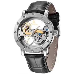 Alienwork IK Montre Automatique Homme Femme Argent Bracelet en Cuir Noir Squelette Fond de Verre (?Alienwork, neuf)