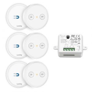 LoraTap Kit Interrupteur Sans Fil, R&eacute;cepteur 2500W, Port&eacute;e 200M, 3 Emetteurs Radio 868Mhz, 10 ans Autonomie, Va et Vient, Commande &agrave; Distance Mural Avec T&eacute;l&eacute;commande ON/OFF Pour Eclairage (LoraTapuk, neuf)