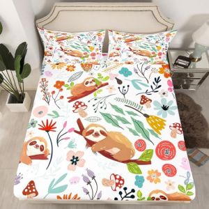 Homewish Drap-Housse 90x190 Enfant 1 Personne, Drap Housse Paresseux Mignon pour Ado Fille Garçon, Drap de Lit Feuilles Fleurs Champignons, Housse de Matelas Animaux de La Jungle (Suzhou yiyanyun e-commerce Co., Ltd, neuf)