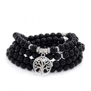 Collier de perles Mala de 8 mm, 108, bracelet de m&eacute;ditation avec breloque arbre de vie (Agate noire (Black Agate)) (Self-Discovery Jewelry, neuf)