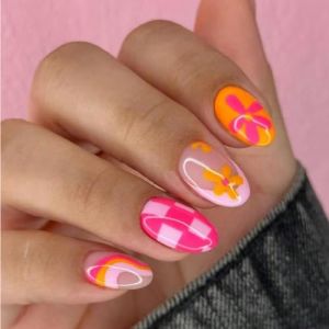 GlamRays 24 pièces Press-on Ongles Fleur, Ongles Fausse Cortes Ovales Français, Ongles Fausse Damier avec Adhésif Gelée, jolis ongles en acrylique pour femmes et filles (GlamRays, neuf)