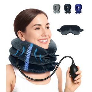 LuxoCare Collier Cervical Gonflable - Traction Cervicale pour Soulager Cervicales Douloureuses, Minerve Cervicale avec Masque Yeux pour Maison, Voyages, Travail et D&eacute;tente (EcoHomeclean, neuf)