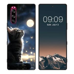 WUACYEAMING Noir Coque pour Sony Xperia 5, Haute Qualit&eacute; TPU Silicone Mince Souple Antichoc Bumper avec La Lune et Le Chat Motif Dessin Mat Case (WUACYEAMING, neuf)