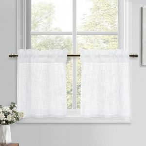 DWCN Petit Rideaux Court Cuisine Blanc 45 x 90 cm (H x l) Brise-bise Rideau Voilage Fenetre D&eacute;coration Int&eacute;rieure Moderne Semi-Transparent de Style Lin pour Evier Placard Fenetre Salon 2 Panneaux (DWCN EU, neuf)