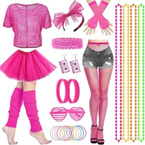 HEAWAA 28PCS Déguisement Année 80 Accessoire Femme, Années 80s Disco Costume avce Tutu Fluo Gants Résille Collant Colliers Lunettes Bandeau Jambières Bracelets pour Femme Années 80s 90s Fête Néon (nuo-wd, neuf)