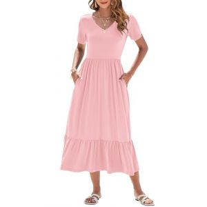AUSELILY Robe d'été pour Femme Robe Longue à Manches Courtes Robe Longue pour Femme col en V Taille Empire, Robes de Plage avec Poches Rose S (AUSELILY FASHION, neuf)