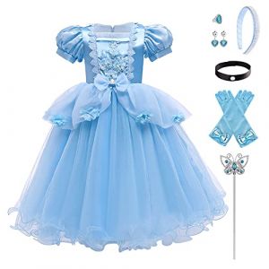 Filles Cendrillon Robe Déguisement Enfant Cinderella Princesse Costume Halloween Partie Carnaval Cosplay Noël Soirée Cérémonie Costumée Anniversaire Fête avec Accessoires Bleu Fleurs 4-5 Ans (FYMNSI store, neuf)