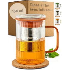 Cosumy Tasse Th&eacute; avec Infuseur et Couvercle, 450ml - Mug Th&eacute; en Verre Borosilicate avec Sous-Verre en Li&egrave;ge et Poign&eacute;es Color&eacute;es (Orange) (Niboline, neuf)