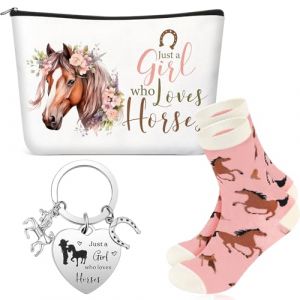 Xuniea Set de Cadeau Inspirant de 3 Pi&egrave;ces pour Femme Trousse &agrave; Cosm&eacute;tiques Porte-Cl&eacute;s et Chaussettes Cadeau de Remerciement sur Th&egrave;me des Animaux pour Personnel No&euml;l Anniversaire (Style Cheval) (Yanyhhng, neuf)
