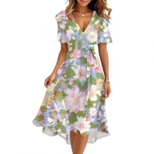 Robe Femme Ete Chic et Elegant Mi Longue Ensemble Boheme Fluide Robe Femme Fleurie Manche Courte Moulante Portefeuille Femmes Vetement Robes de Plage Bal Cocktail Soiree D'&eacute;t&eacute;(C Light Green,XX-Large) (QU-XINYU, neuf)
