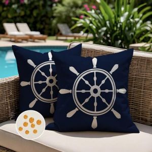 Jayusaror Housse Coussin Exterieur Impermeable 45 x 45 Bleu Marine Gouvernail Maritime Taie d'oreiller Nautique Été Printemps Décoratif Housses de Coussin pour Salon de Jardin Bohème Art déco (Jayusaror Home, neuf)