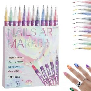 Lot de 12 stylos de nail art, marqueurs &agrave; s&eacute;chage rapide pour ongles en gel, feutres de dessin 3D et stylos &agrave; pointiller, pour peinture &agrave; ongles, outils de conception de manucure &agrave; la maison ou en (VasedGins, neuf)